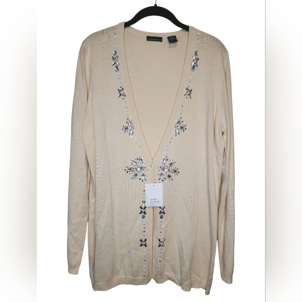 MODA INTERNATIONAL Cream Silk Cashmere Gem Embellished Cardigan L